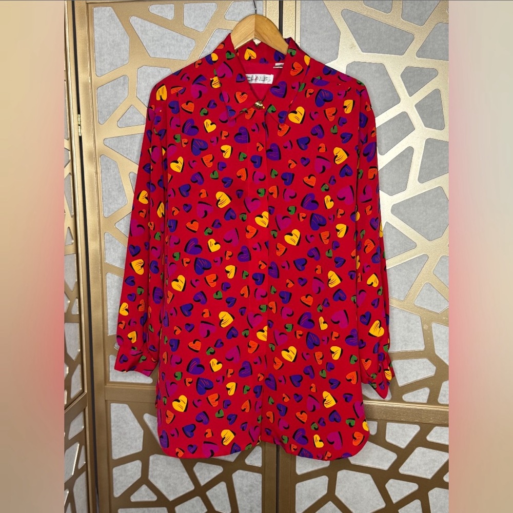 Vtg Chaus Red Multicolor Hearts Button Down Long Sleeve Loose Blouse Sz 14